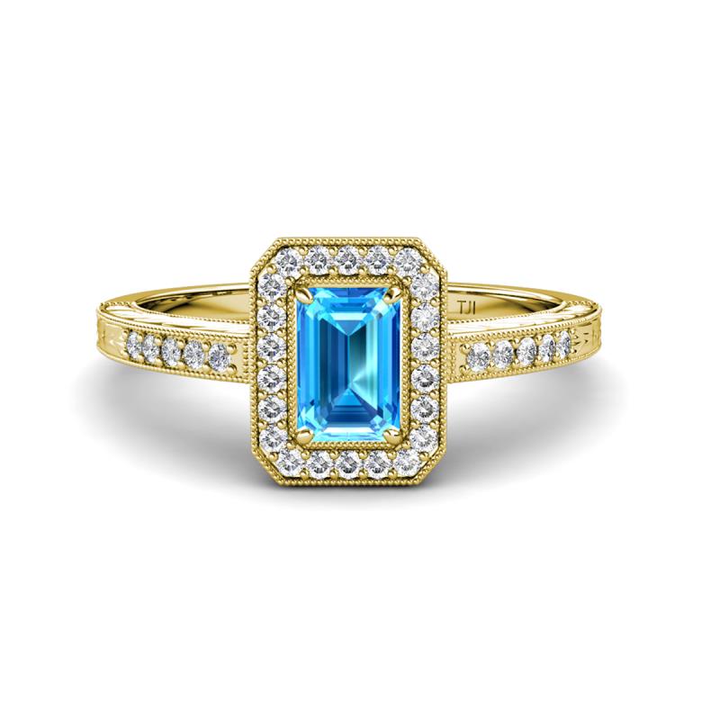 Wanda Desire Emerald Cut 7x5 mm Blue Topaz and Round Diamond Leaf Engraved Halo Engagement Ring 