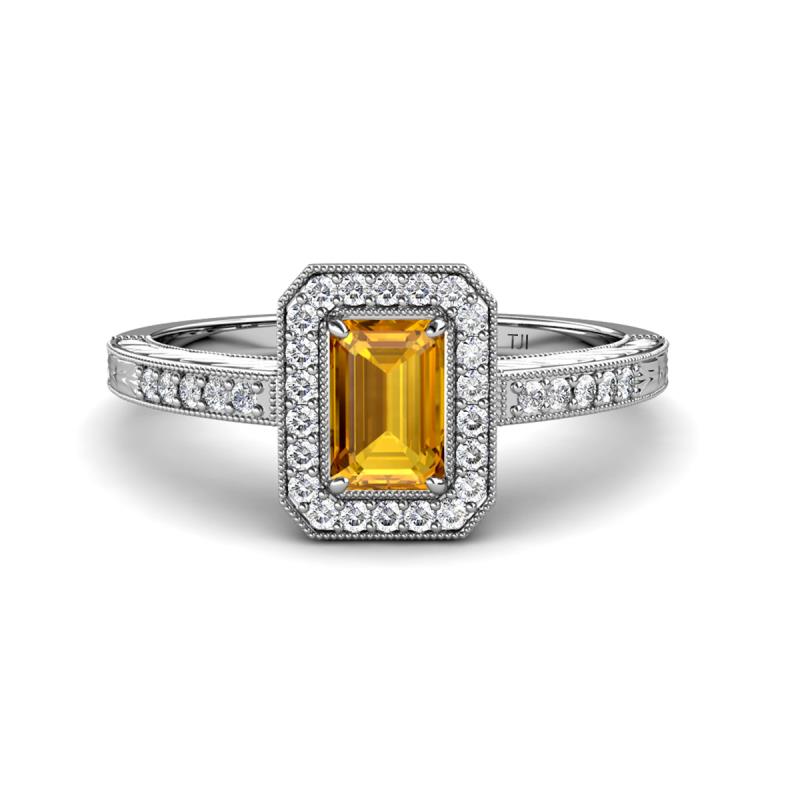 Wanda Desire Emerald Cut 7x5 mm Citrine and Round Diamond Leaf Engraved Halo Engagement Ring 