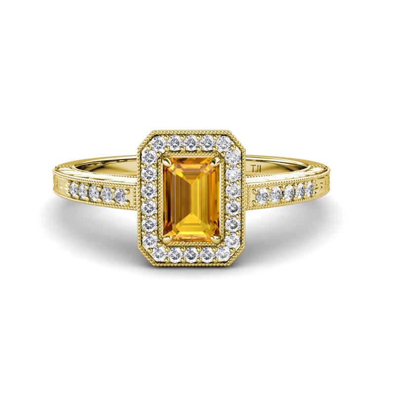 Wanda Desire Emerald Cut 7x5 mm Citrine and Round Diamond Leaf Engraved Halo Engagement Ring 