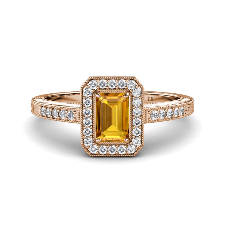 Wanda Desire Emerald Cut 7x5 mm Citrine and Round Diamond Leaf Engraved Halo Engagement Ring 