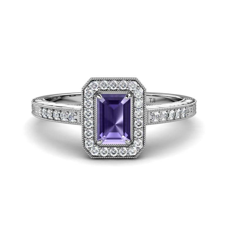 Wanda Desire Emerald Cut 7x5 mm Iolite and Round Diamond Leaf Engraved Halo Engagement Ring 