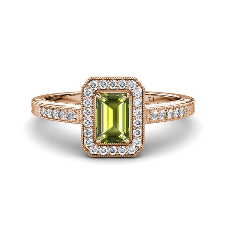 Wanda Desire Emerald Cut 7x5 mm Peridot and Round Diamond Leaf Engraved Halo Engagement Ring 