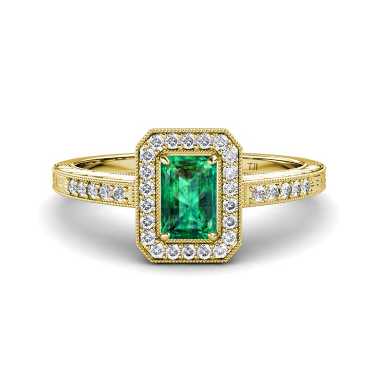 Wanda Desire Emerald Cut 7x5 mm Emerald and Round Diamond Leaf Engraved Halo Engagement Ring 