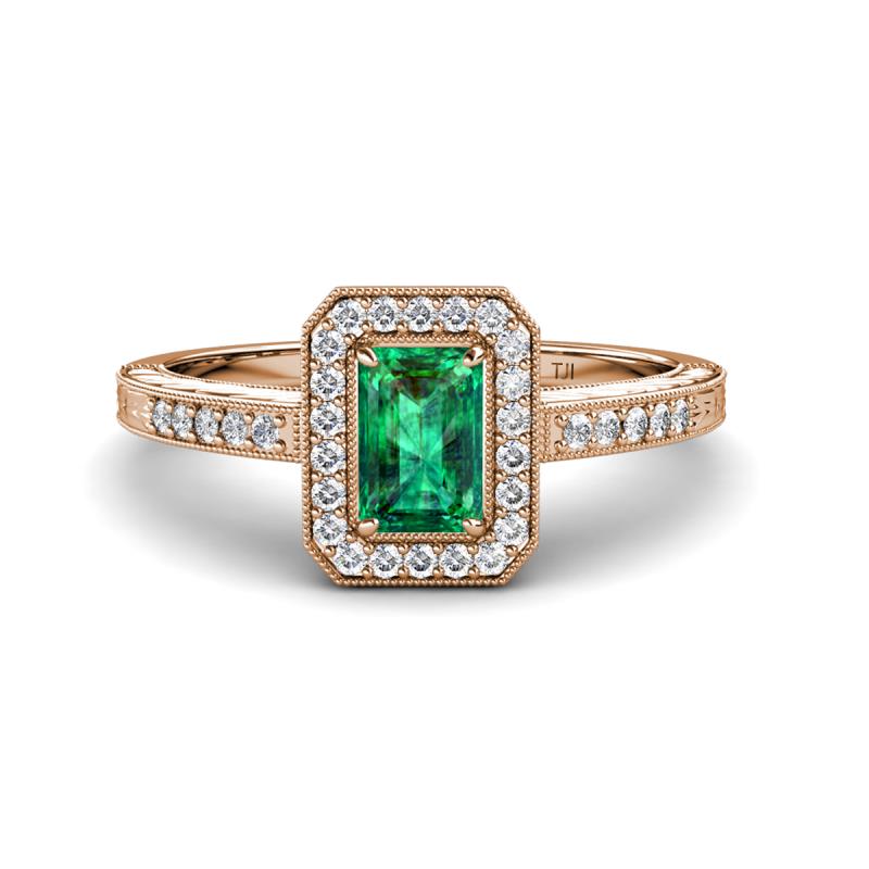 Wanda Desire Emerald Cut 7x5 mm Emerald and Round Diamond Leaf Engraved Halo Engagement Ring 