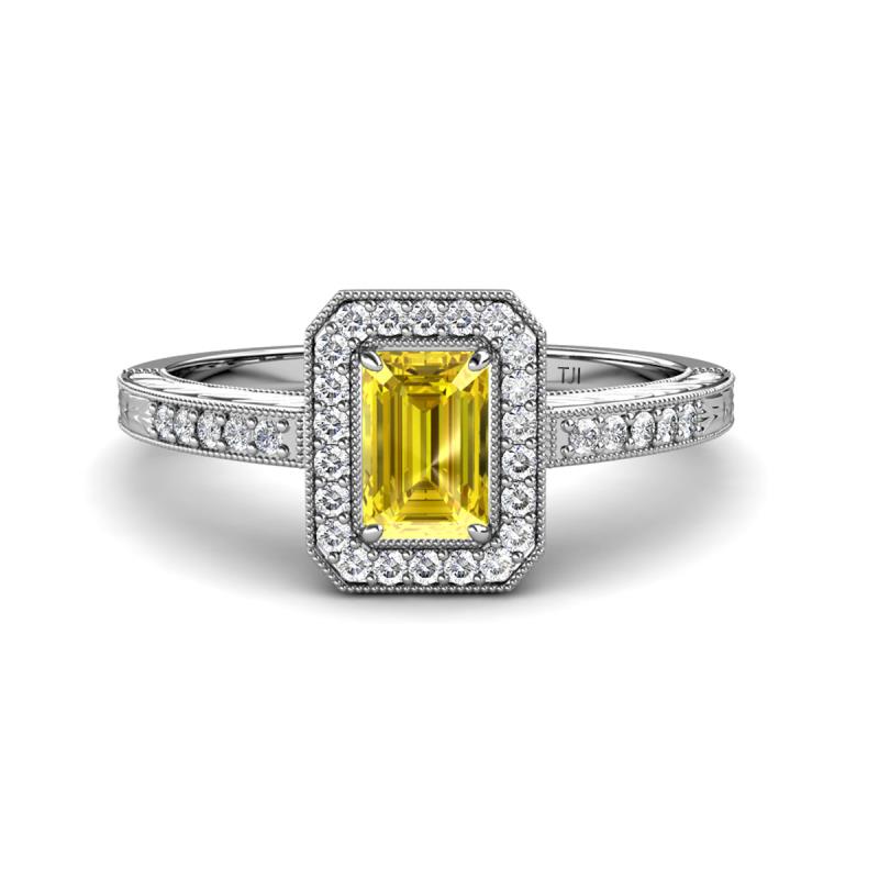 Wanda Desire Emerald Cut 7x5 mm Yellow Sapphire and Round Diamond Leaf Engraved Halo Engagement Ring 
