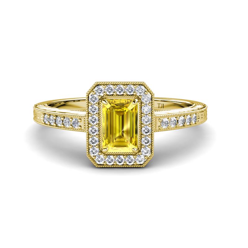 Wanda Desire Emerald Cut 7x5 mm Yellow Sapphire and Round Diamond Leaf Engraved Halo Engagement Ring 