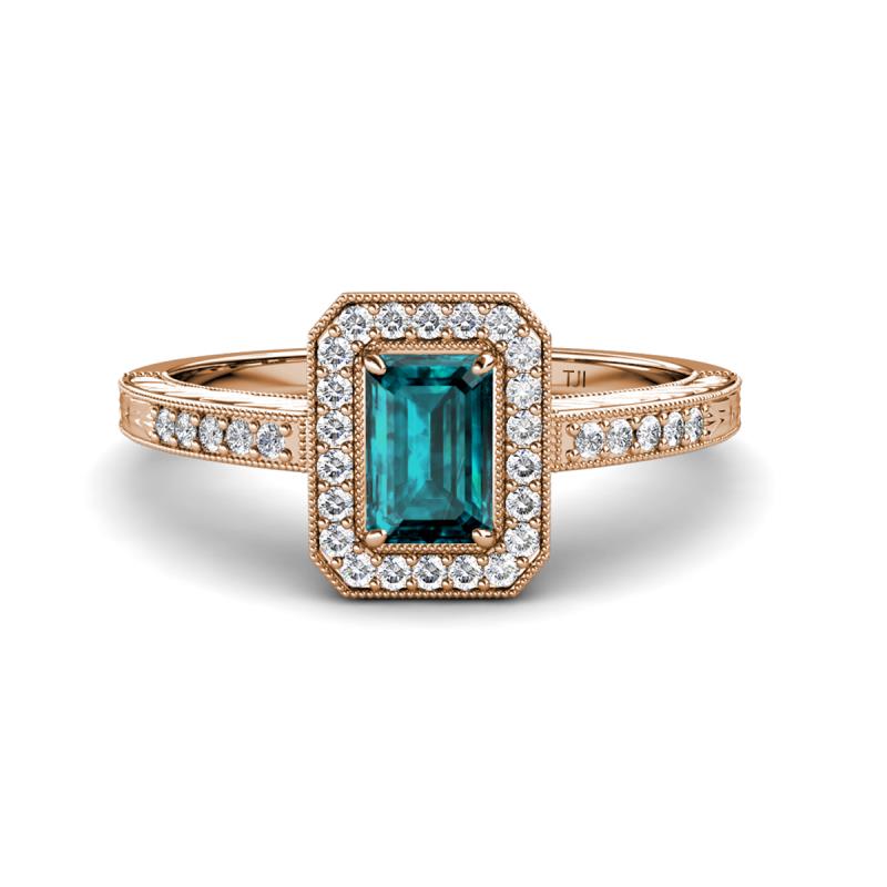 Wanda Desire Emerald Cut 7x5 mm London Blue Topaz and Round Diamond Leaf Engraved Halo Engagement Ring 