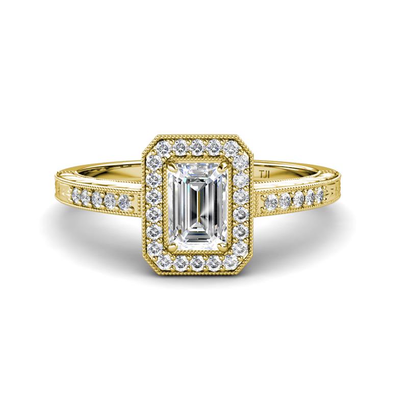 Wanda Desire Emerald Cut 7x5 mm Diamond and Round Diamond Leaf Engraved Halo Engagement Ring 