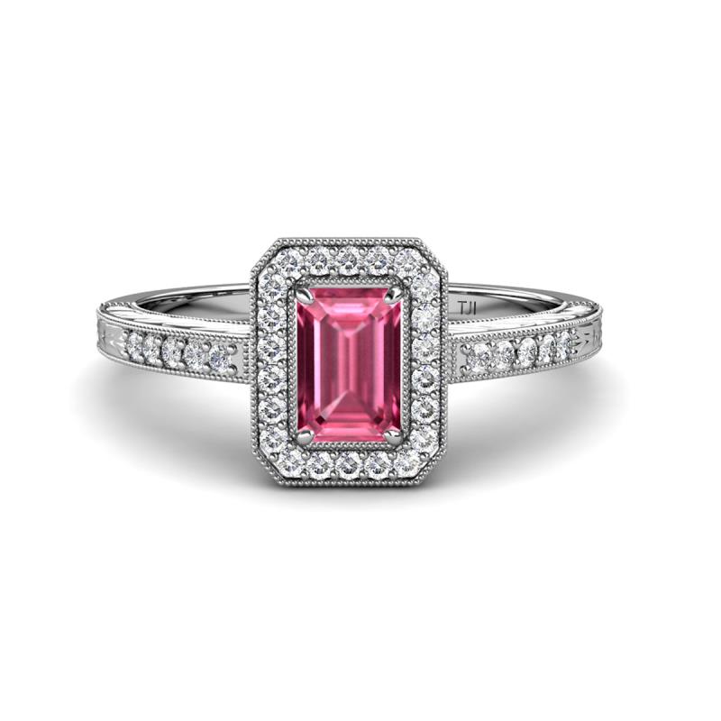Wanda Desire Emerald Cut 7x5 mm Pink Tourmaline and Round Diamond Leaf Engraved Halo Engagement Ring 
