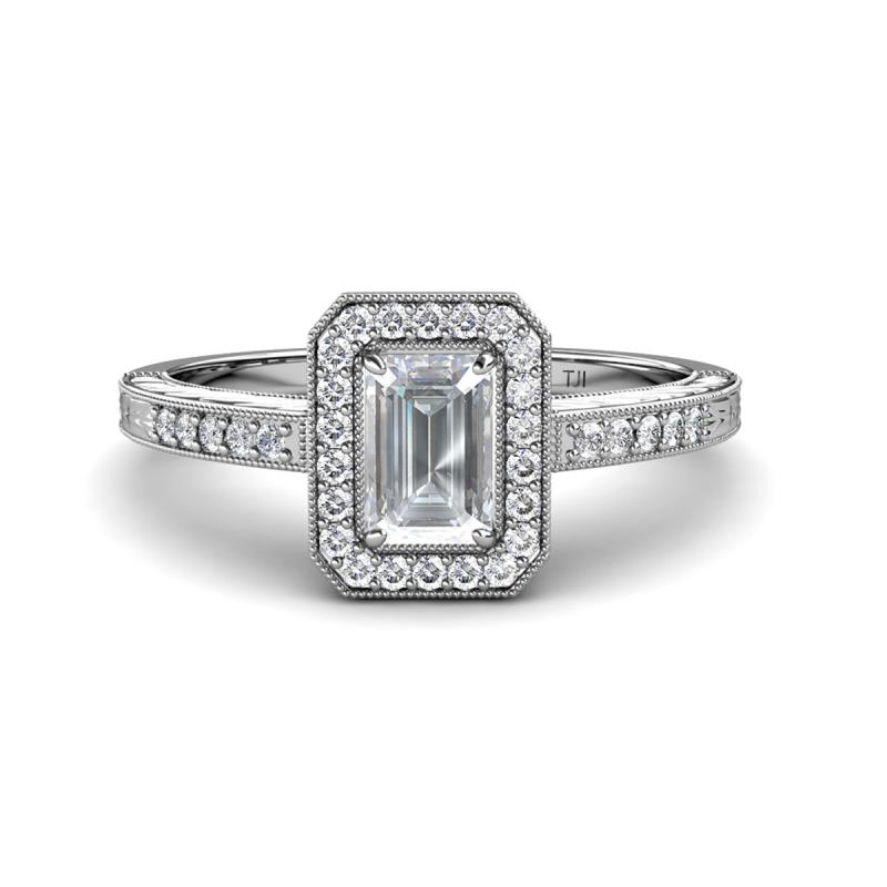 Wanda Desire Emerald Cut 7x5 mm White Sapphire and Round Diamond Leaf Engraved Halo Engagement Ring 