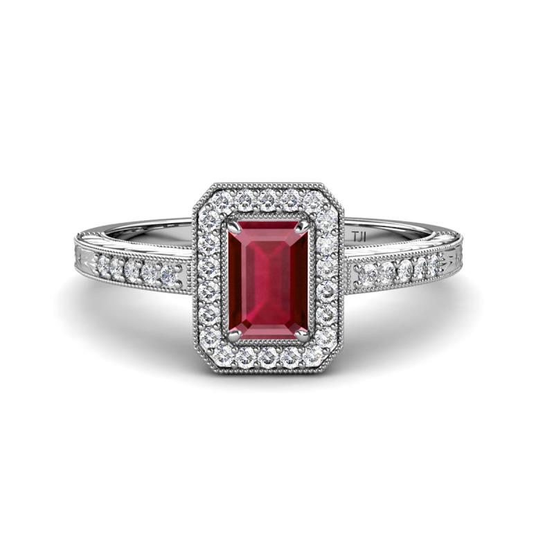 Wanda Desire Emerald Cut 7x5 mm Ruby and Round Diamond Leaf Engraved Halo Engagement Ring 