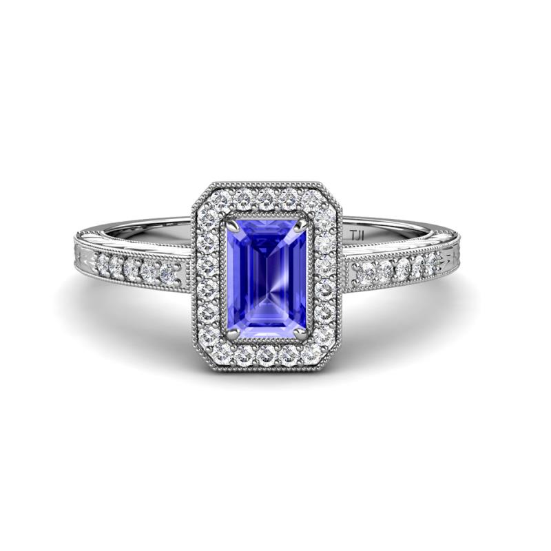 Wanda Desire Emerald Cut 7x5 mm Tanzanite and Round Diamond Leaf Engraved Halo Engagement Ring 