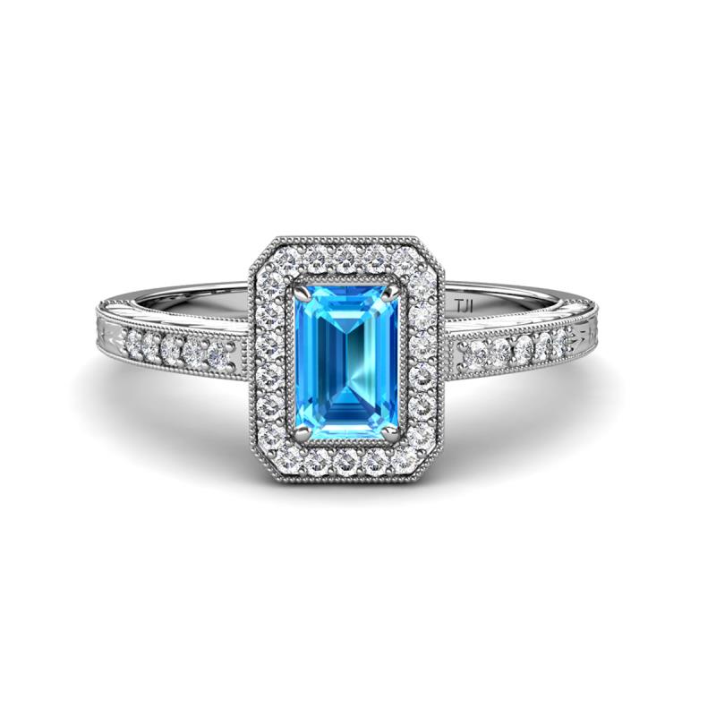 Wanda Desire Emerald Cut 7x5 mm Blue Topaz and Round Diamond Leaf Engraved Halo Engagement Ring 