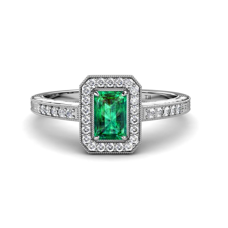 Wanda Desire Emerald Cut 7x5 mm Emerald and Round Diamond Leaf Engraved Halo Engagement Ring 