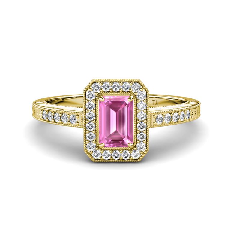 Wanda Desire Emerald Cut 7x5 mm Pink Sapphire and Round Diamond Leaf Engraved Halo Engagement Ring 