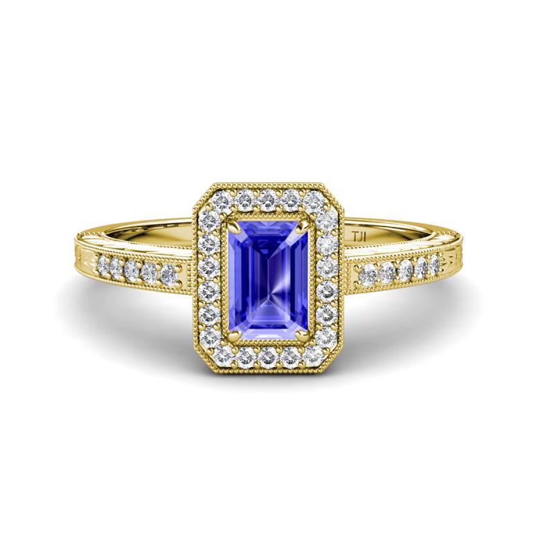 Wanda Desire Emerald Cut 7x5 mm Tanzanite and Round Diamond Leaf Engraved Halo Engagement Ring 