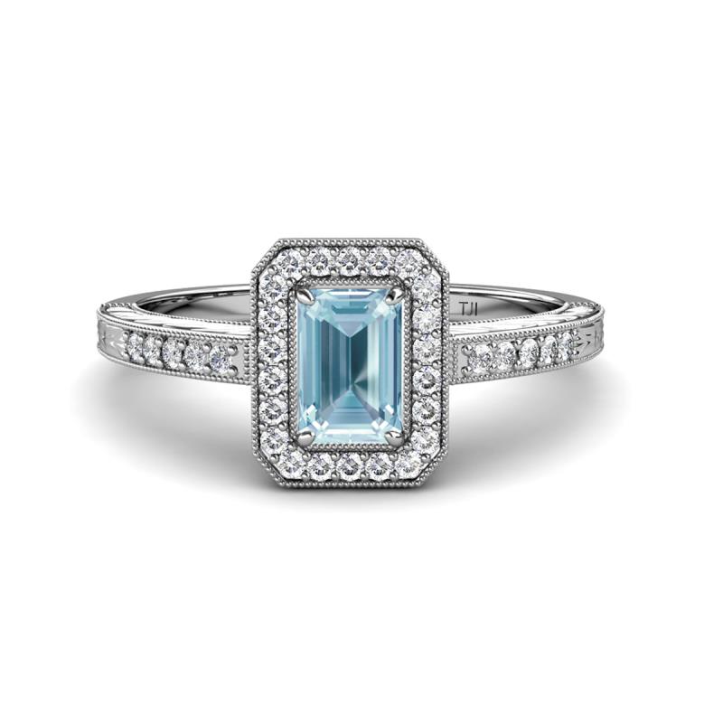 Wanda Desire Emerald Cut 7x5 mm Aquamarine and Round Diamond Leaf Engraved Halo Engagement Ring 