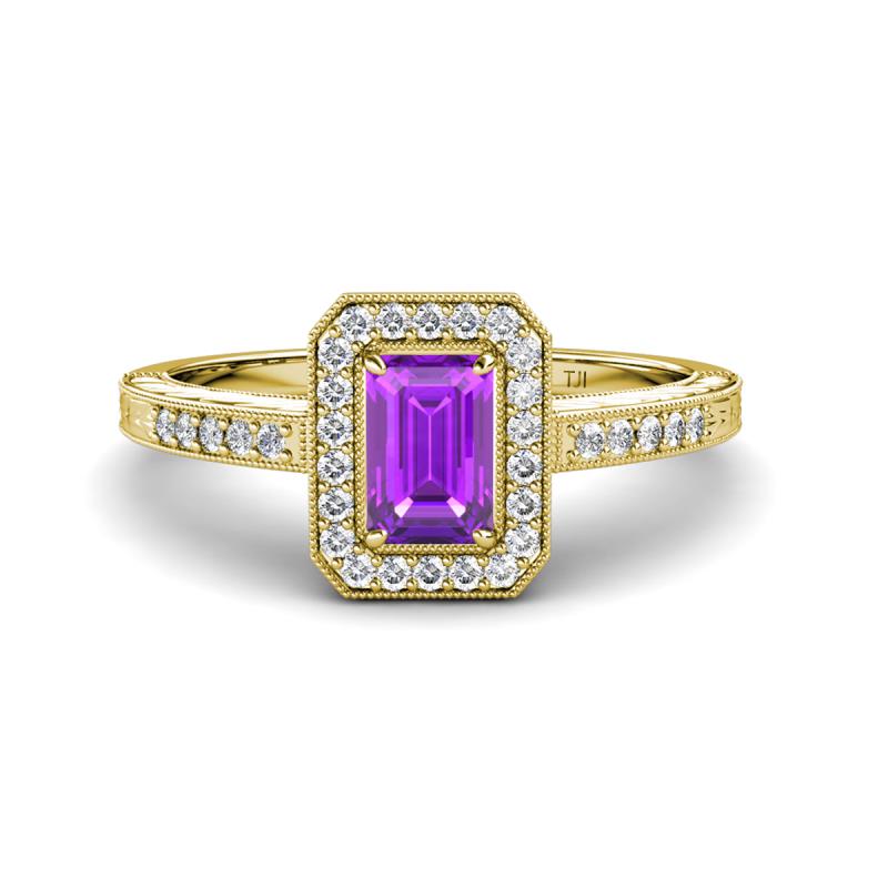 Wanda Desire Emerald Cut 7x5 mm Amethyst and Round Diamond Leaf Engraved Halo Engagement Ring 