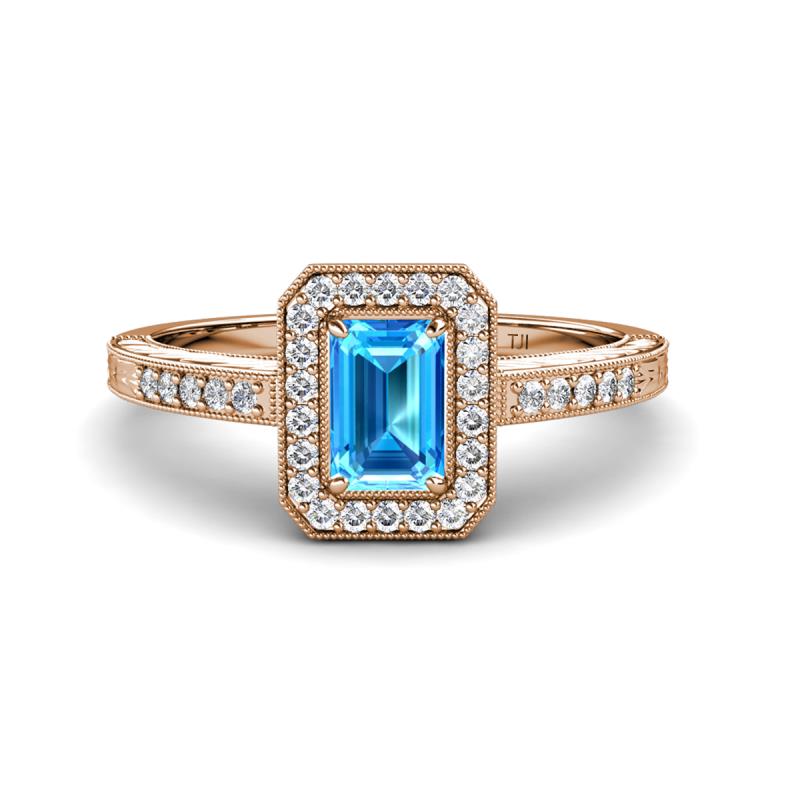 Wanda Desire Emerald Cut 7x5 mm Blue Topaz and Round Diamond Leaf Engraved Halo Engagement Ring 