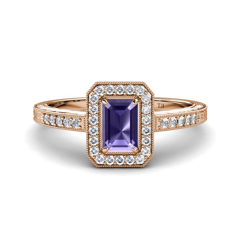 Wanda Desire Emerald Cut 7x5 mm Iolite and Round Diamond Leaf Engraved Halo Engagement Ring 