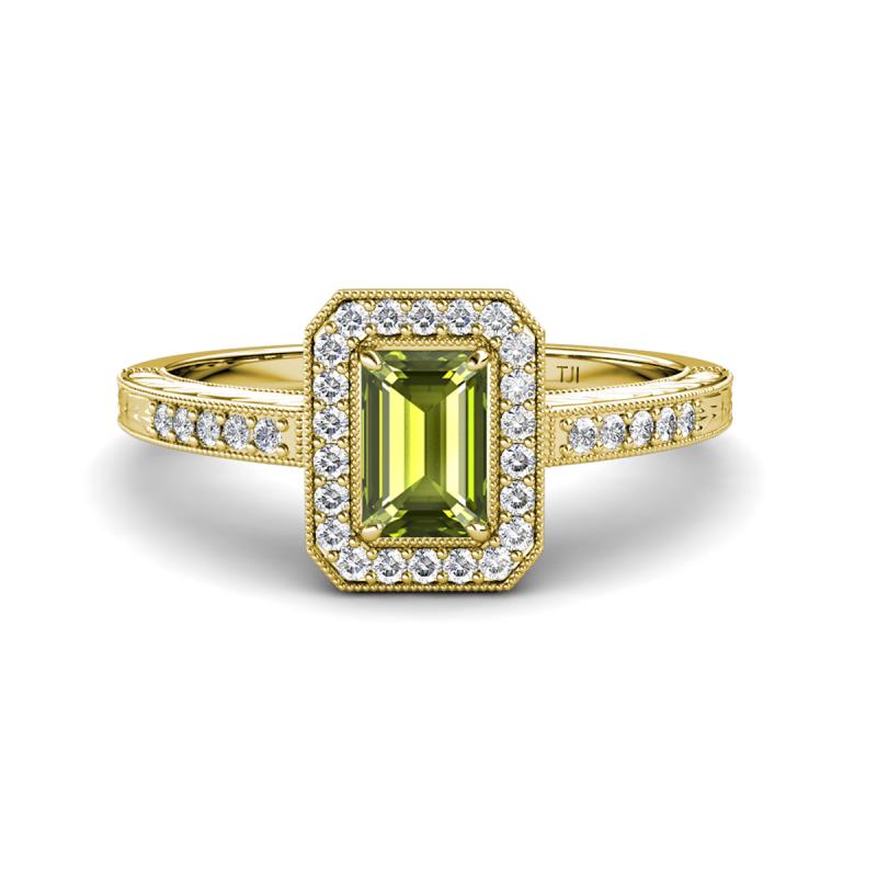 Wanda Desire Emerald Cut 7x5 mm Peridot and Round Diamond Leaf Engraved Halo Engagement Ring 