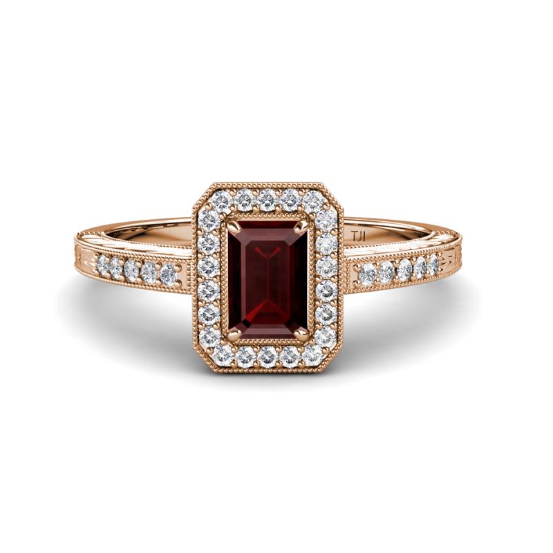 Wanda Desire Emerald Cut 7x5 mm Red Garnet and Round Diamond Leaf Engraved Halo Engagement Ring 