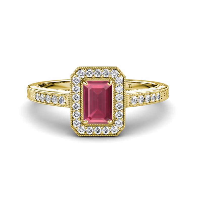 Wanda Desire Emerald Cut 7x5 mm Rhodolite Garnet and Round Diamond Leaf Engraved Halo Engagement Ring 