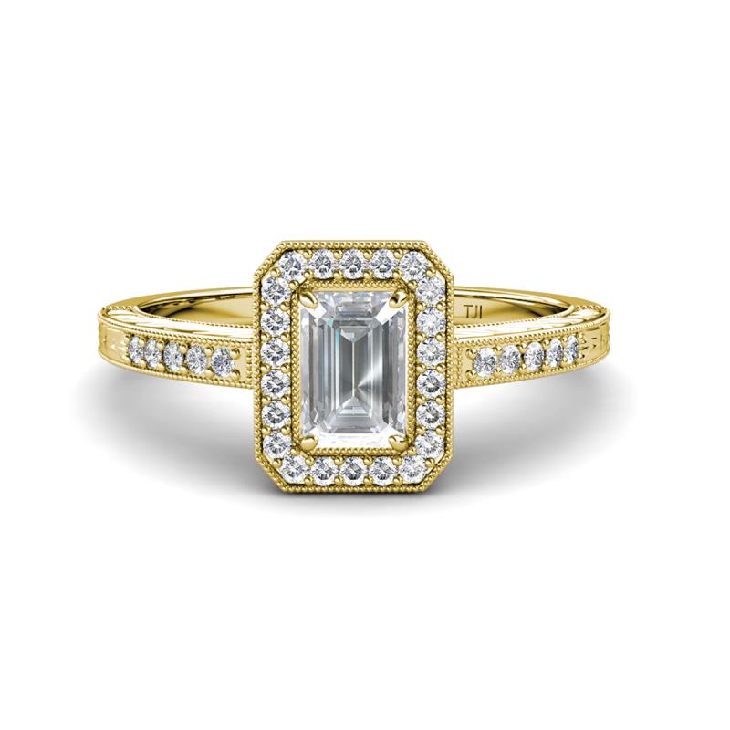 Wanda Desire Emerald Cut 7x5 mm White Sapphire and Round Diamond Leaf Engraved Halo Engagement Ring 
