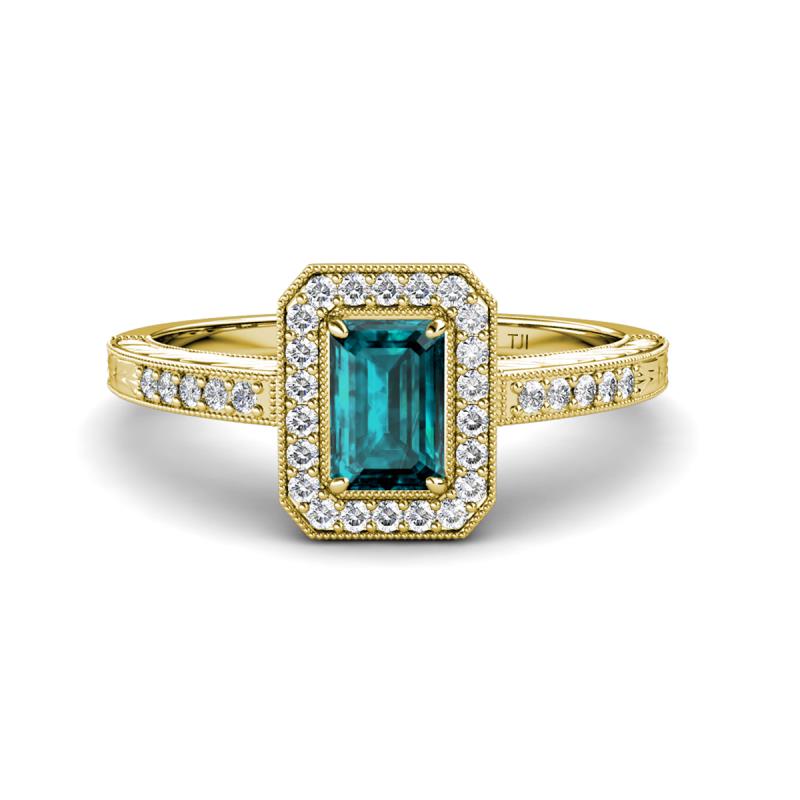 Wanda Desire Emerald Cut 7x5 mm London Blue Topaz and Round Diamond Leaf Engraved Halo Engagement Ring 