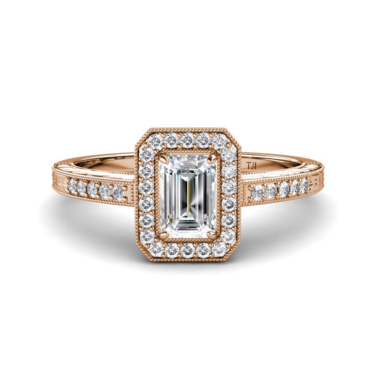 Wanda Desire Emerald Cut 7x5 mm Diamond and Round Diamond Leaf Engraved Halo Engagement Ring 