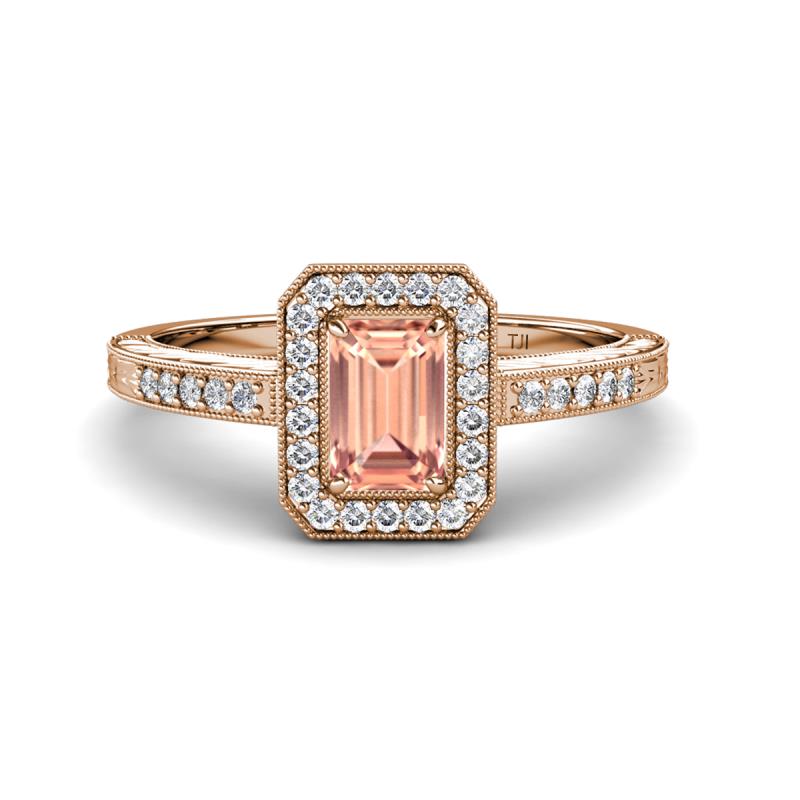 Wanda Desire Emerald Cut 7x5 mm Morganite and Round Diamond Leaf Engraved Halo Engagement Ring 