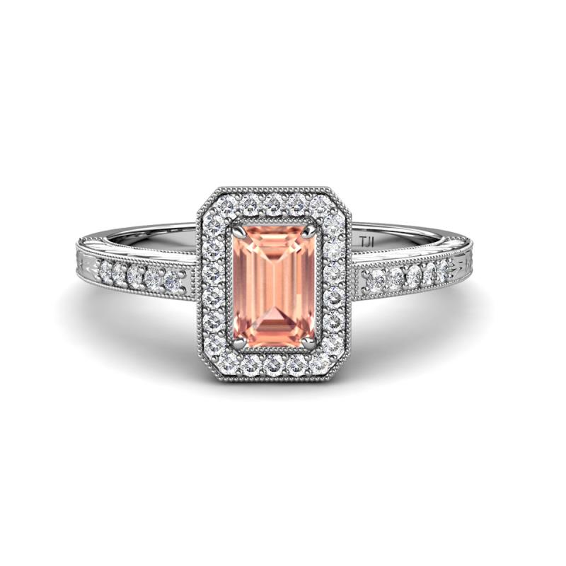 Wanda Desire Emerald Cut 7x5 mm Morganite and Round Diamond Leaf Engraved Halo Engagement Ring 