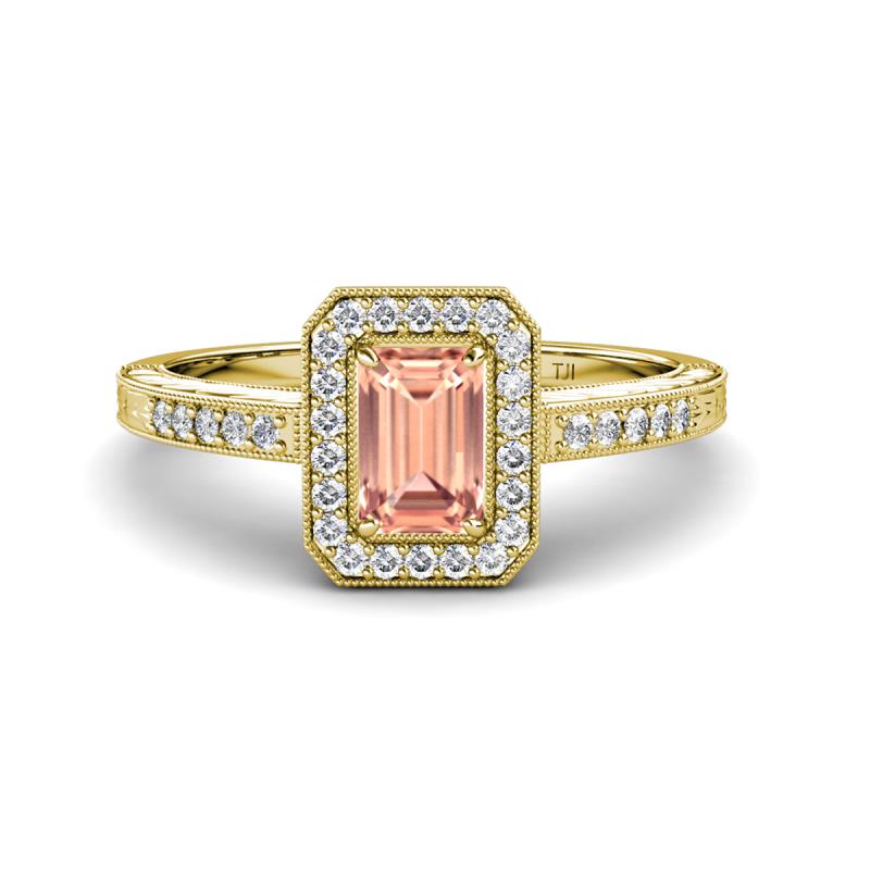 Wanda Desire Emerald Cut 7x5 mm Morganite and Round Diamond Leaf Engraved Halo Engagement Ring 