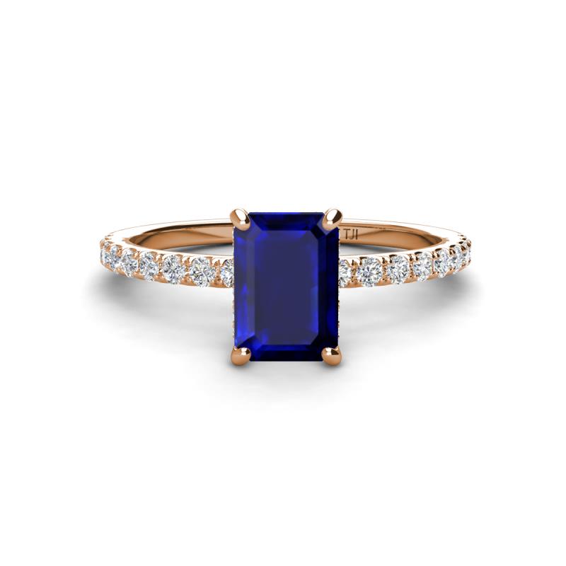 Charlotte Desire 7x5 mm Emerald Cut Blue Sapphire and Round Diamond Hidden Halo Engagement Ring 