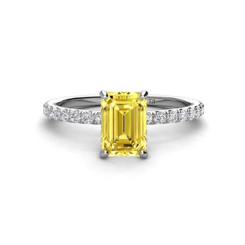 Charlotte Desire 7x5 mm Emerald Cut Yellow Sapphire and Round Diamond Hidden Halo Engagement Ring 