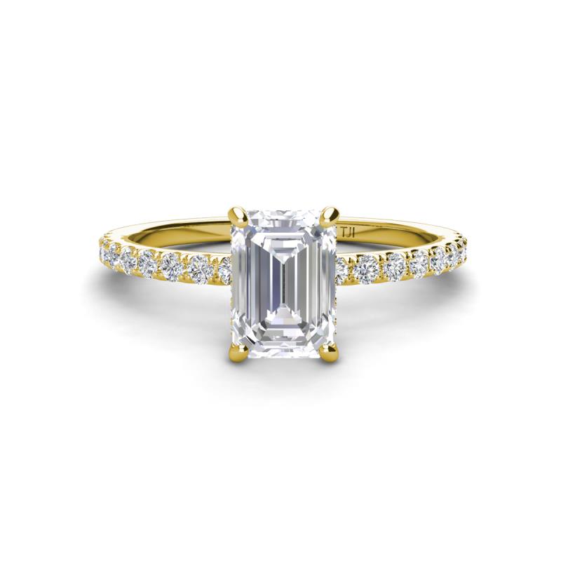 Charlotte Desire 7x5 mm Emerald Cut White Sapphire and Round Diamond Hidden Halo Engagement Ring 