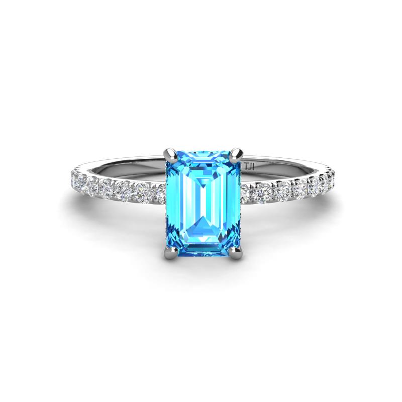 Charlotte Desire 7x5 mm Emerald Cut Blue Topaz and Round Diamond Hidden Halo Engagement Ring 