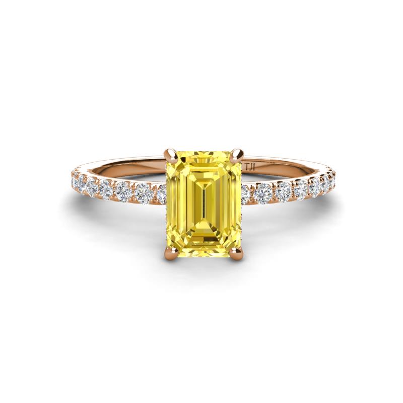 Charlotte Desire 7x5 mm Emerald Cut Yellow Sapphire and Round Diamond Hidden Halo Engagement Ring 