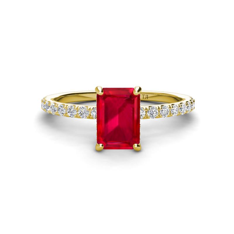 Charlotte Desire 7x5 mm Emerald Cut Ruby and Round Diamond Hidden Halo Engagement Ring 