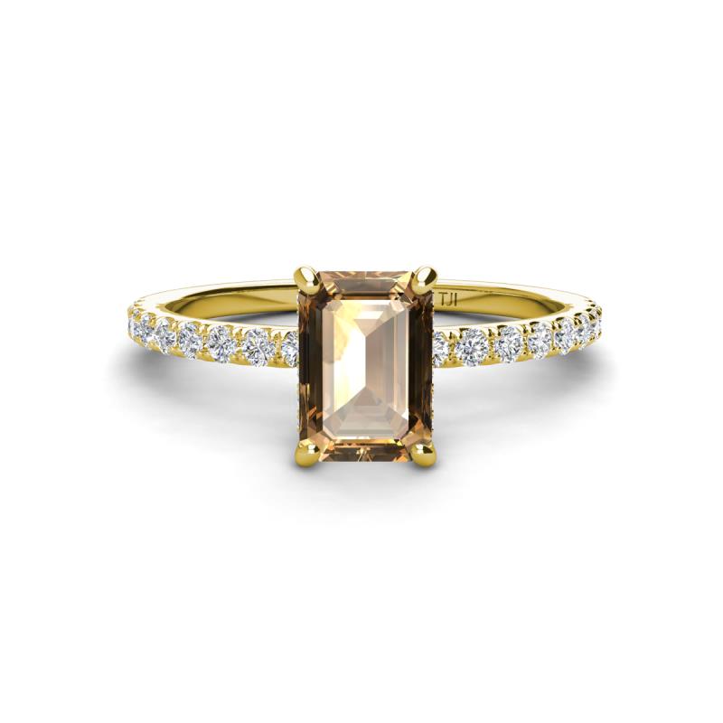 Charlotte Desire 7x5 mm Emerald Cut Smoky Quartz and Round Diamond Hidden Halo Engagement Ring 