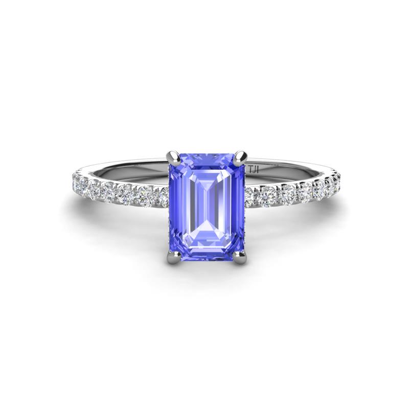 Charlotte Desire 7x5 mm Emerald Cut Tanzanite and Round Diamond Hidden Halo Engagement Ring 