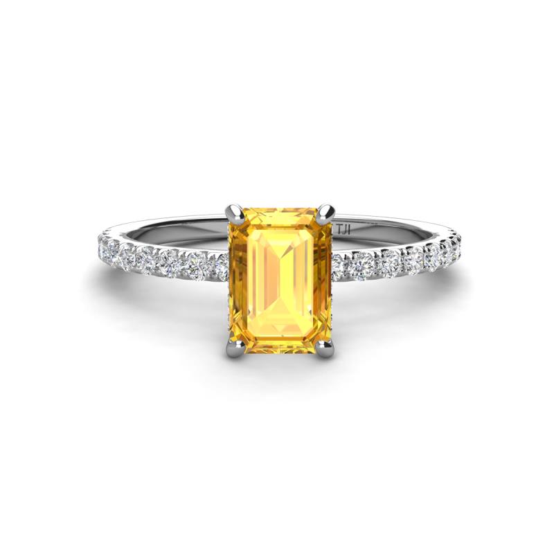 Charlotte Desire 7x5 mm Emerald Cut Citrine and Round Diamond Hidden Halo Engagement Ring 