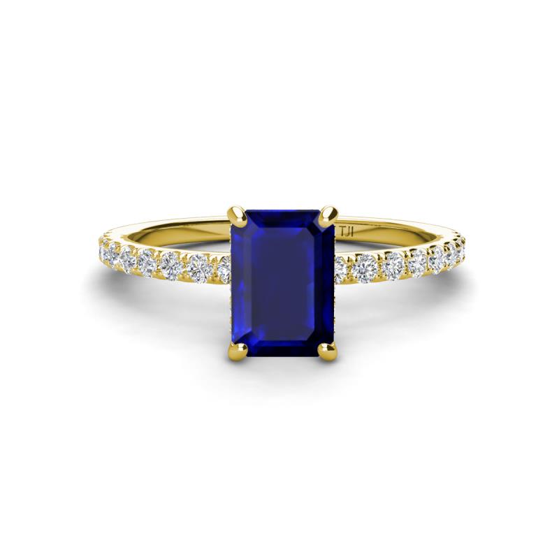 Charlotte Desire 7x5 mm Emerald Cut Blue Sapphire and Round Diamond Hidden Halo Engagement Ring 