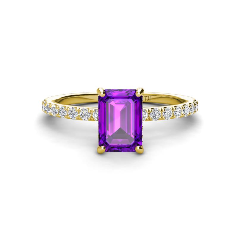 Charlotte Desire 7x5 mm Emerald Cut Amethyst and Round Diamond Hidden Halo Engagement Ring 