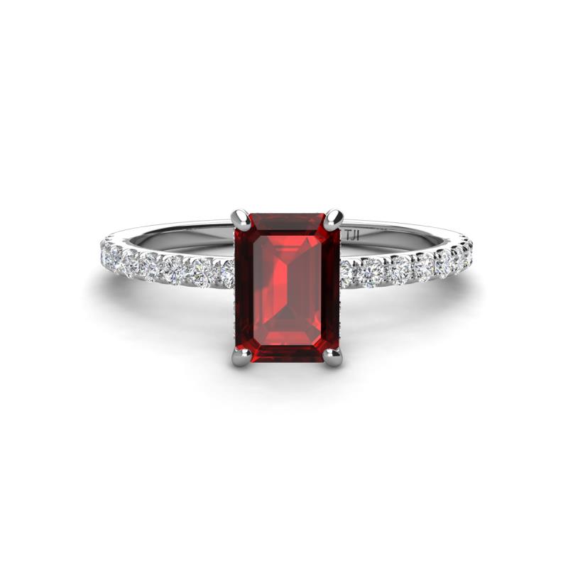 Charlotte Desire 7x5 mm Emerald Cut Red Garnet and Round Diamond Hidden Halo Engagement Ring 