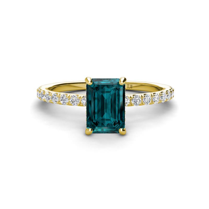 Charlotte Desire 7x5 mm Emerald Cut London Blue Topaz and Round Diamond Hidden Halo Engagement Ring 