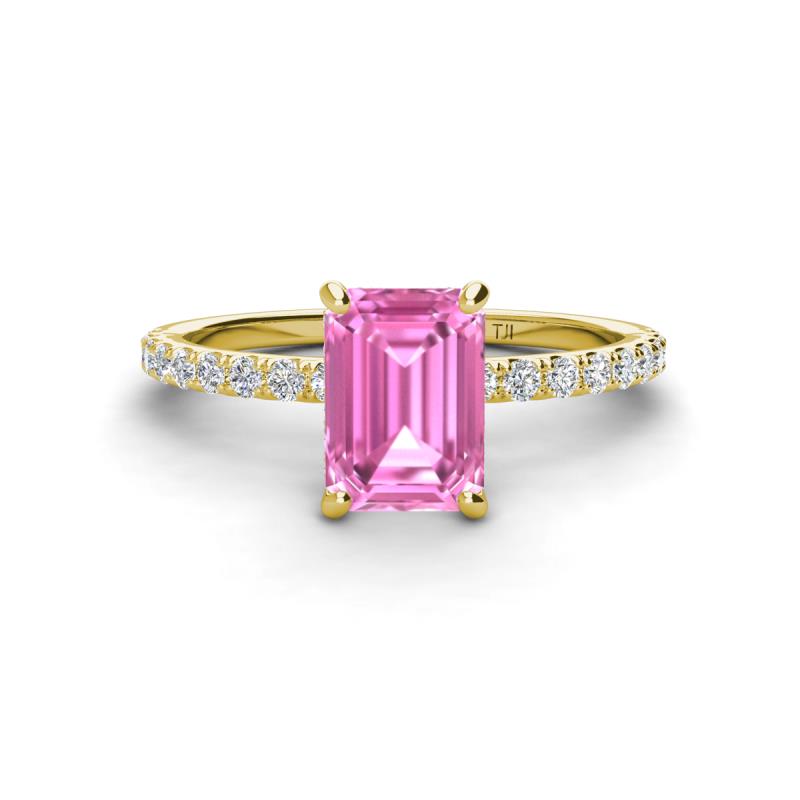 Charlotte Desire 8x6 mm Emerald Cut Pink Sapphire and Round Diamond Hidden Halo Engagement Ring 