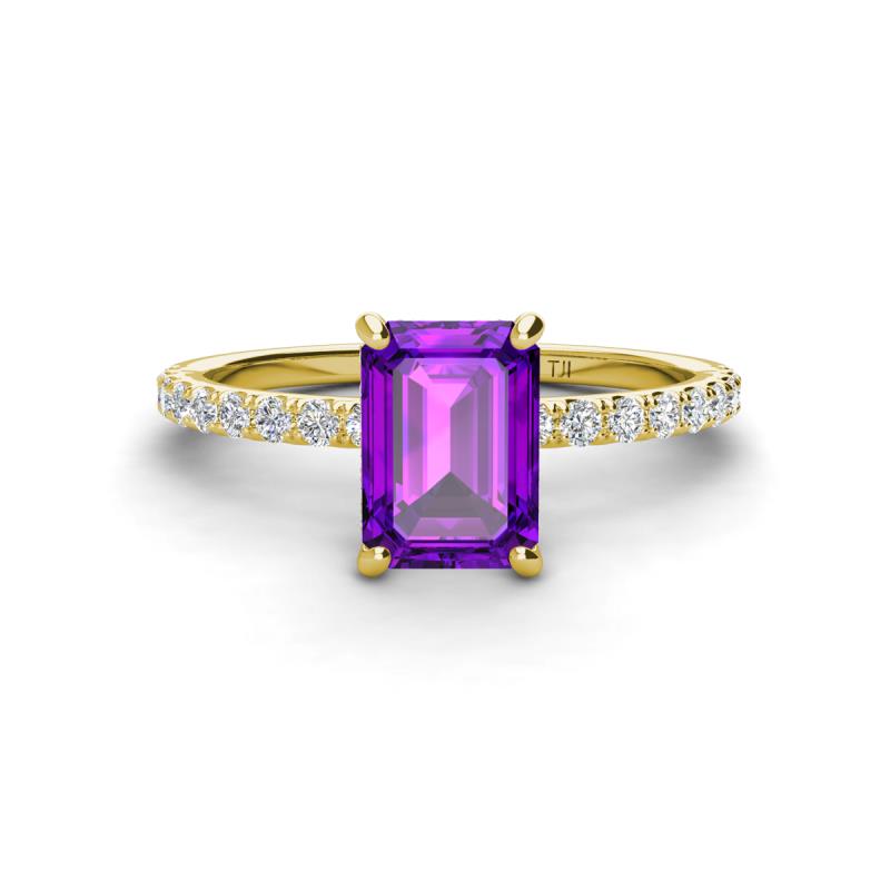Charlotte Desire 8x6 mm Emerald Cut Amethyst and Round Diamond Hidden Halo Engagement Ring 