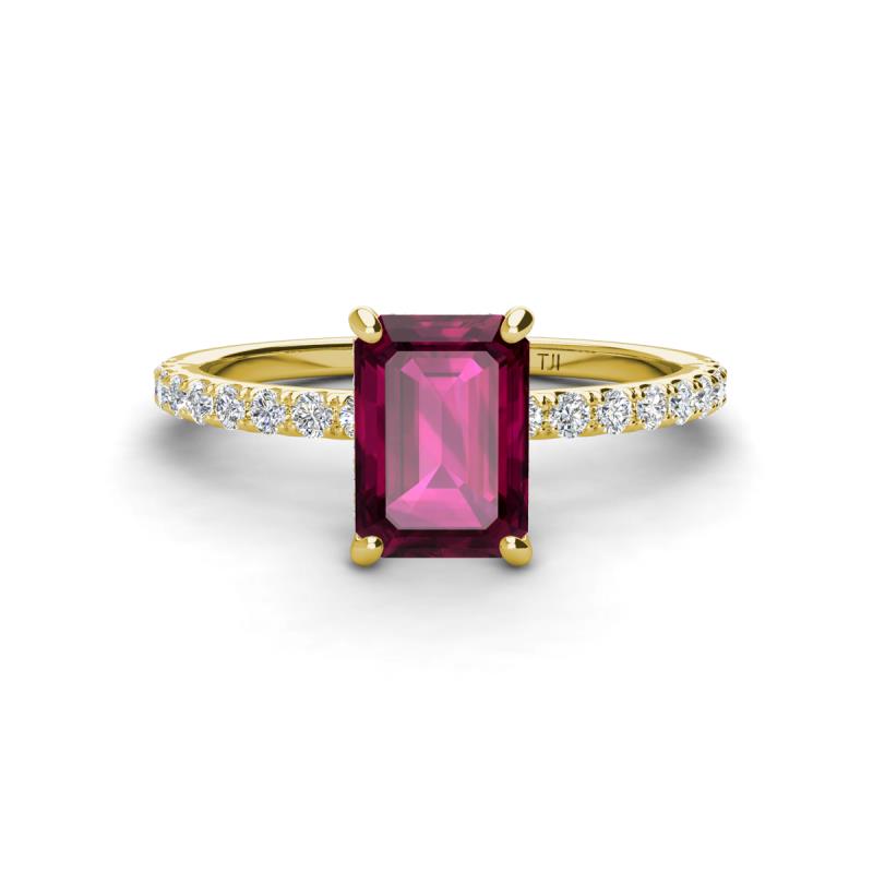 Charlotte Desire 8x6 mm Emerald Cut Rhodolite Garnet and Round Diamond Hidden Halo Engagement Ring 