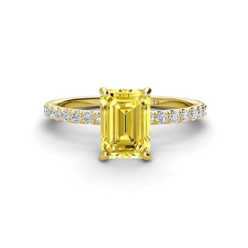 Charlotte Desire 8x6 mm Emerald Cut Yellow Sapphire and Round Diamond Hidden Halo Engagement Ring 
